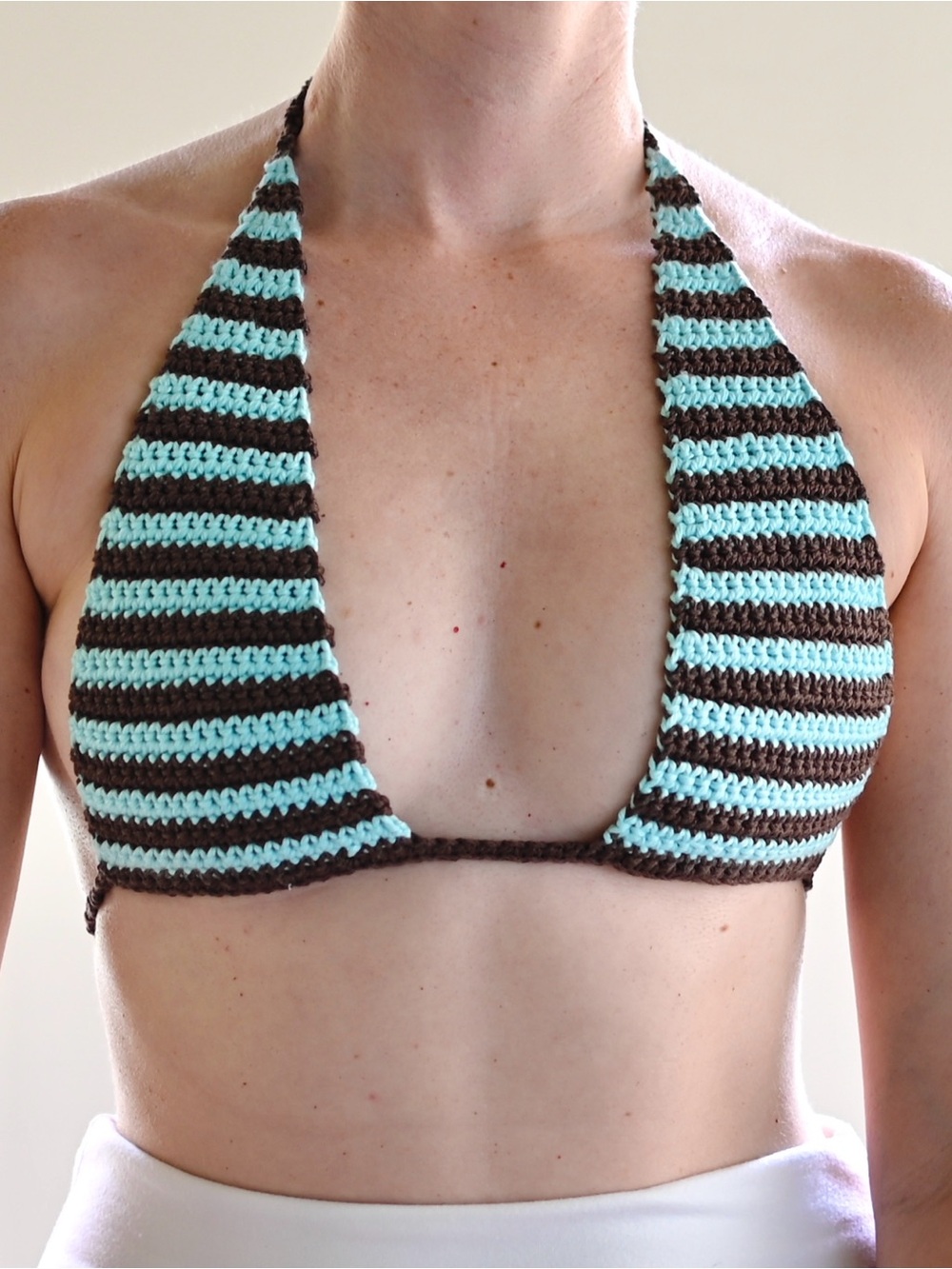 Handmade Striped Crochet Halter Bikini Top Aqua & Brown S